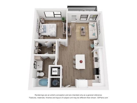 Floor plan for 1 bed, 1 bath, 743 sqft